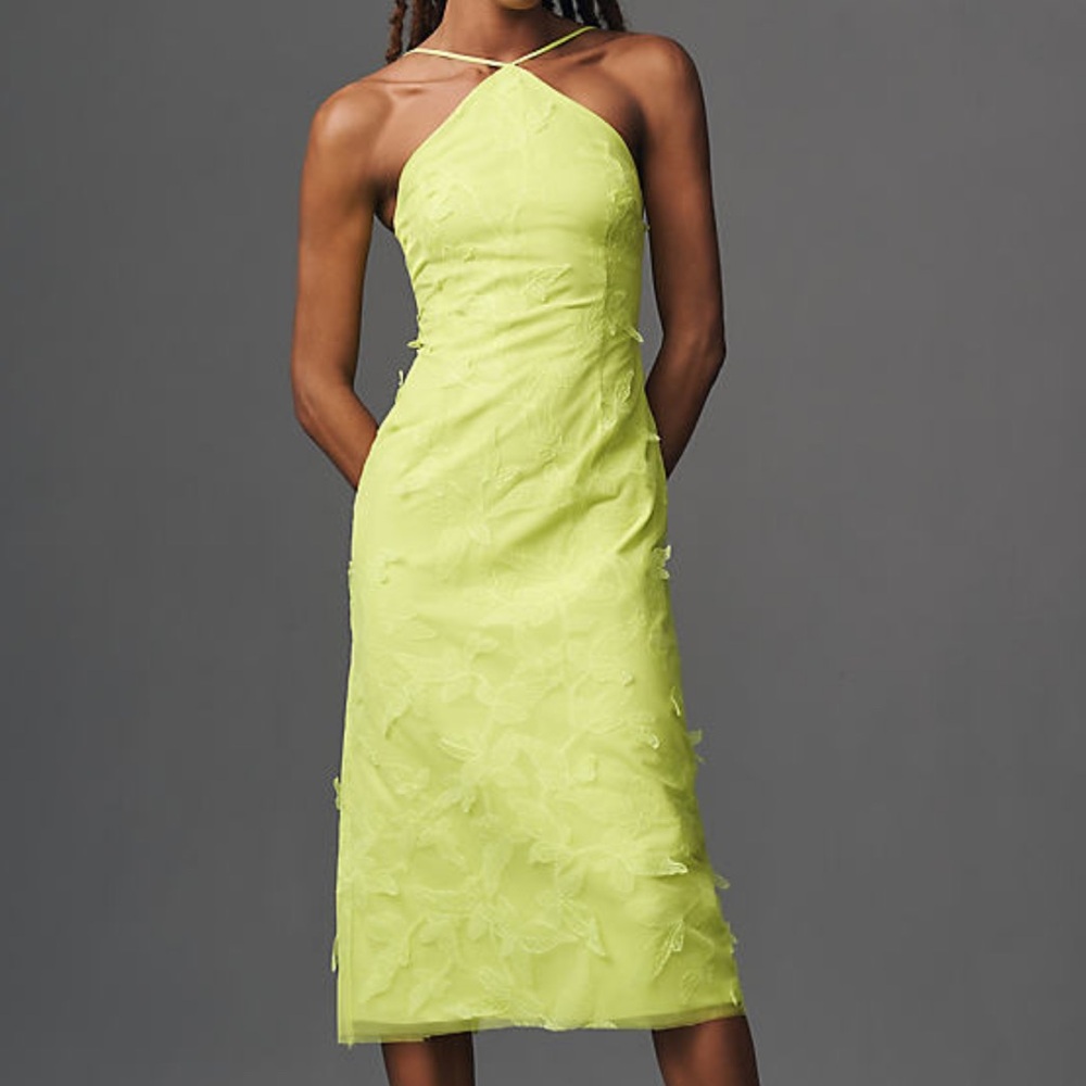 ML Monique Lhuillier Kayla 3D Floral Applique Midi Dress Citron Green Sz 4